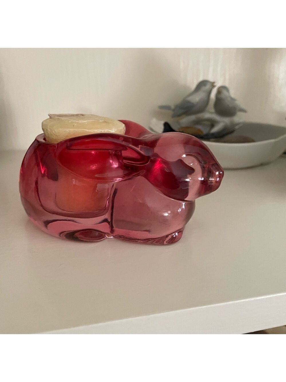Vintage Cranberry Indiana Glass Rabbit Votive Candle Holder Easter
